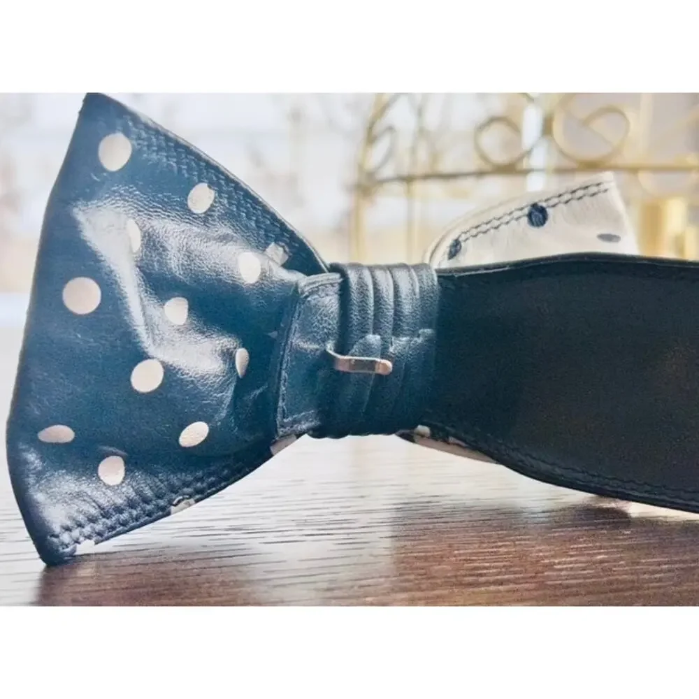 Vintage Neiman Marcus Italy Navy Polka Dot Bow Leather Belt Size 32